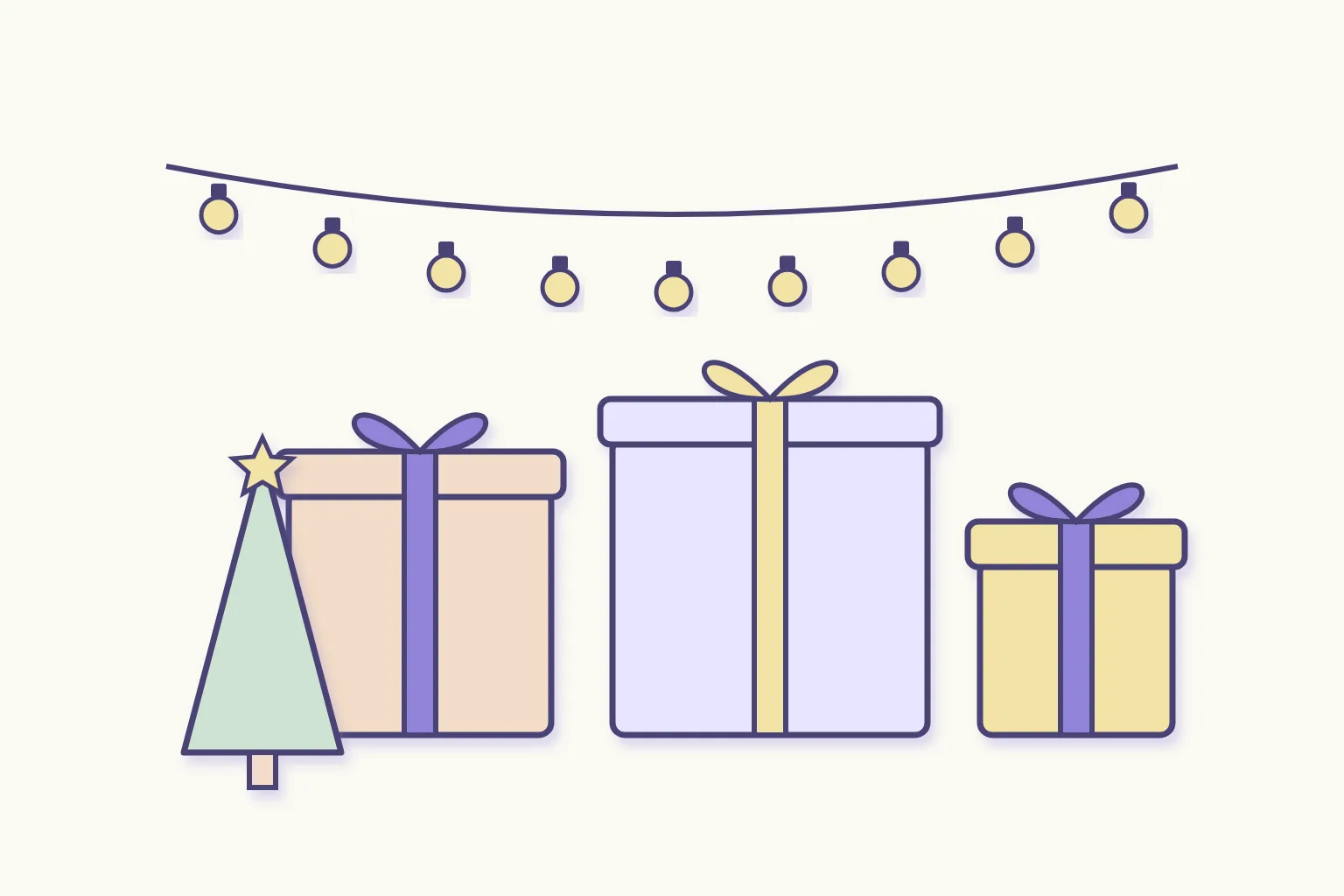 Paquetes de regalo con lazos, rama de abeto, guirnalda de luces y caja de envío