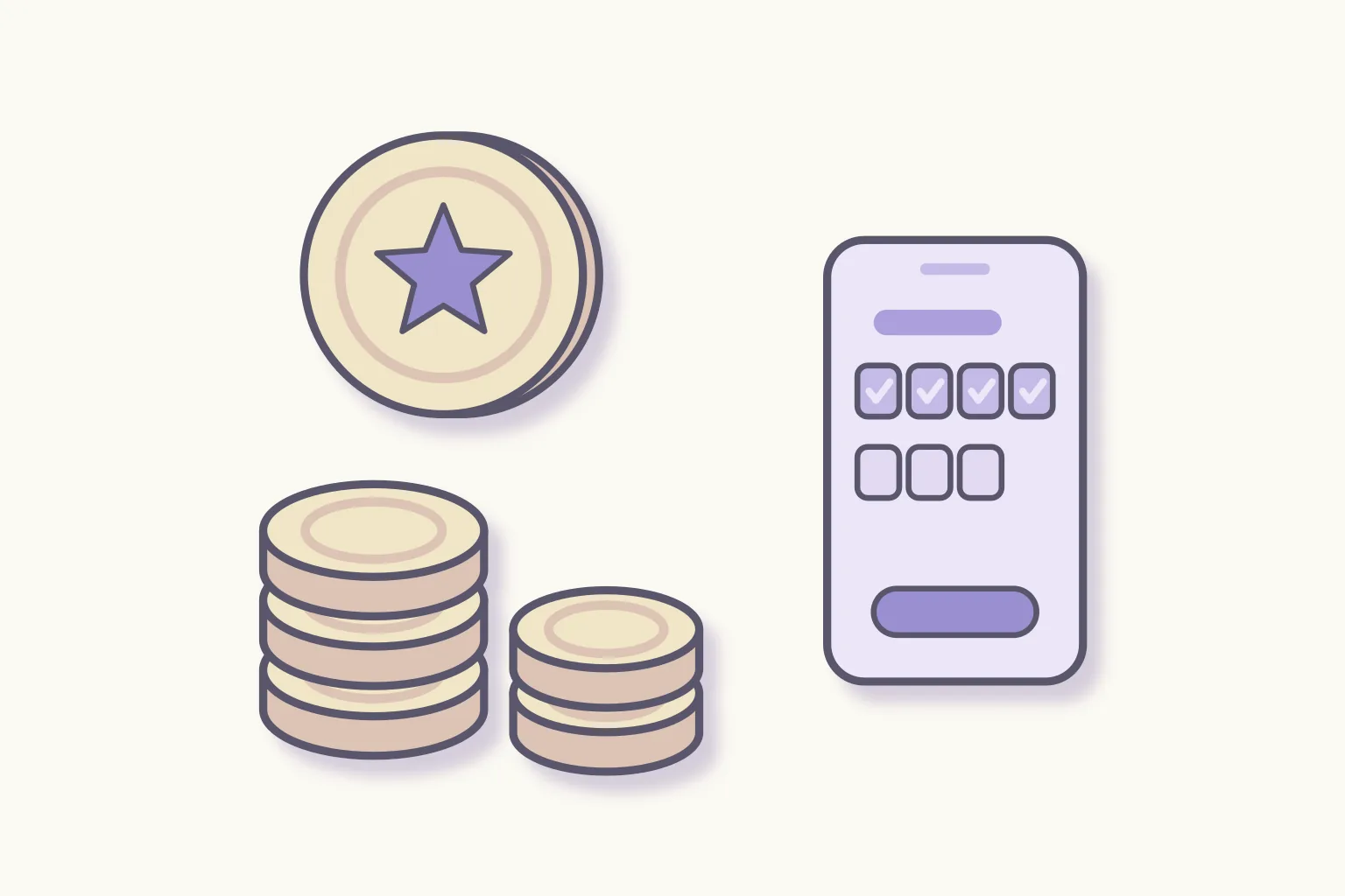 Montones de monedas junto a un móvil con el calendario del check-in diario