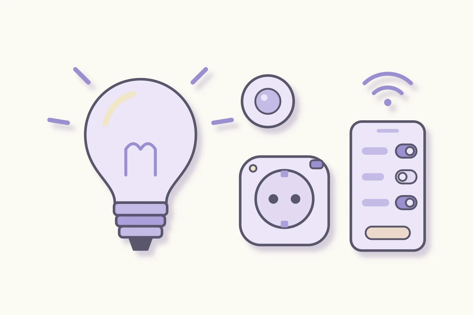Bombilla inteligente encendida, enchufe inteligente, pequeño sensor y móvil con la app para controlarlos